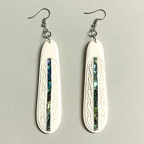 Bone Drop Earrings with Maori Koru Carving and Paua Strip
