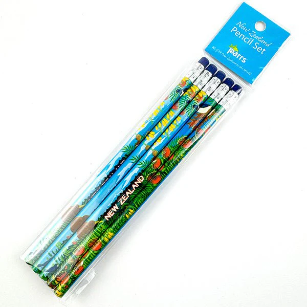 Cute Set of 5 Pencils with Native NZ Birds and Flowers Design