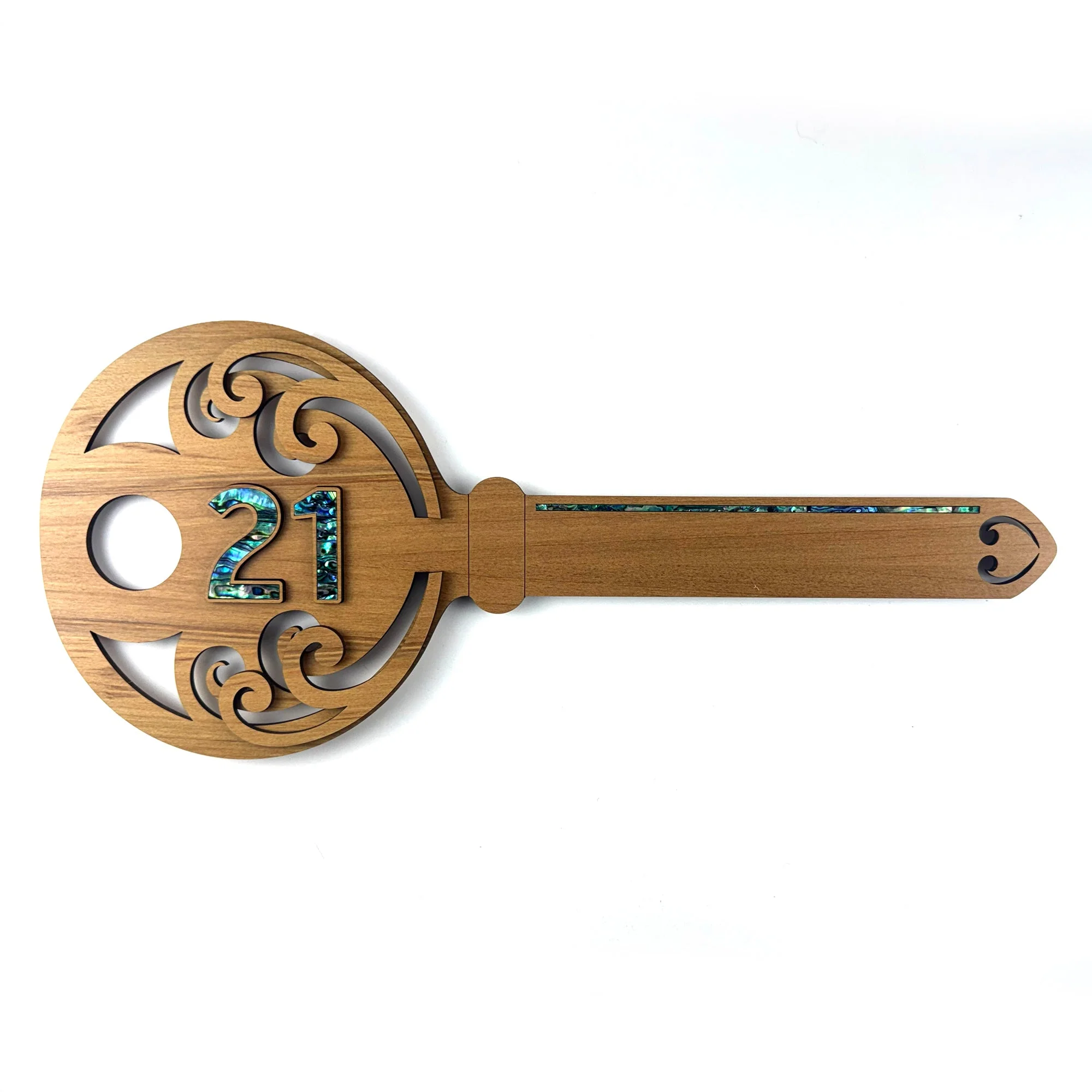 Elegant NZ Made Rimu and Paua 21st Key with Koru