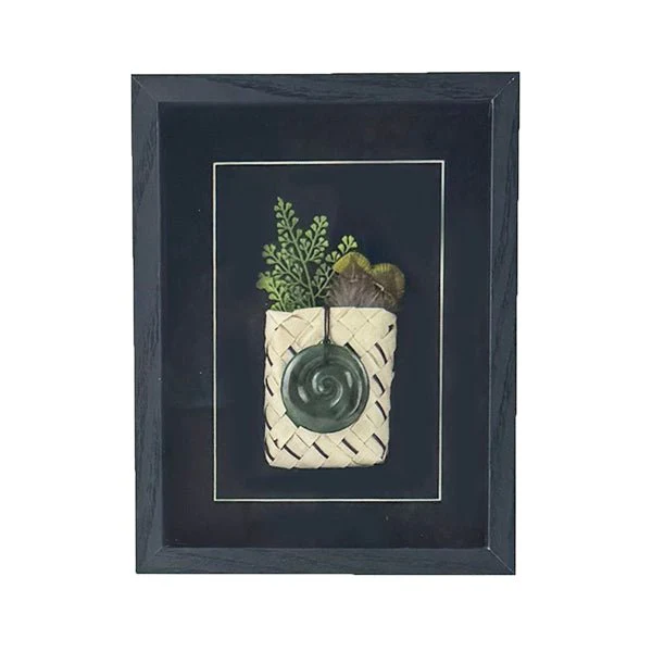 Greenstone Koru Necklace with Fern and Feather in Shadow Box