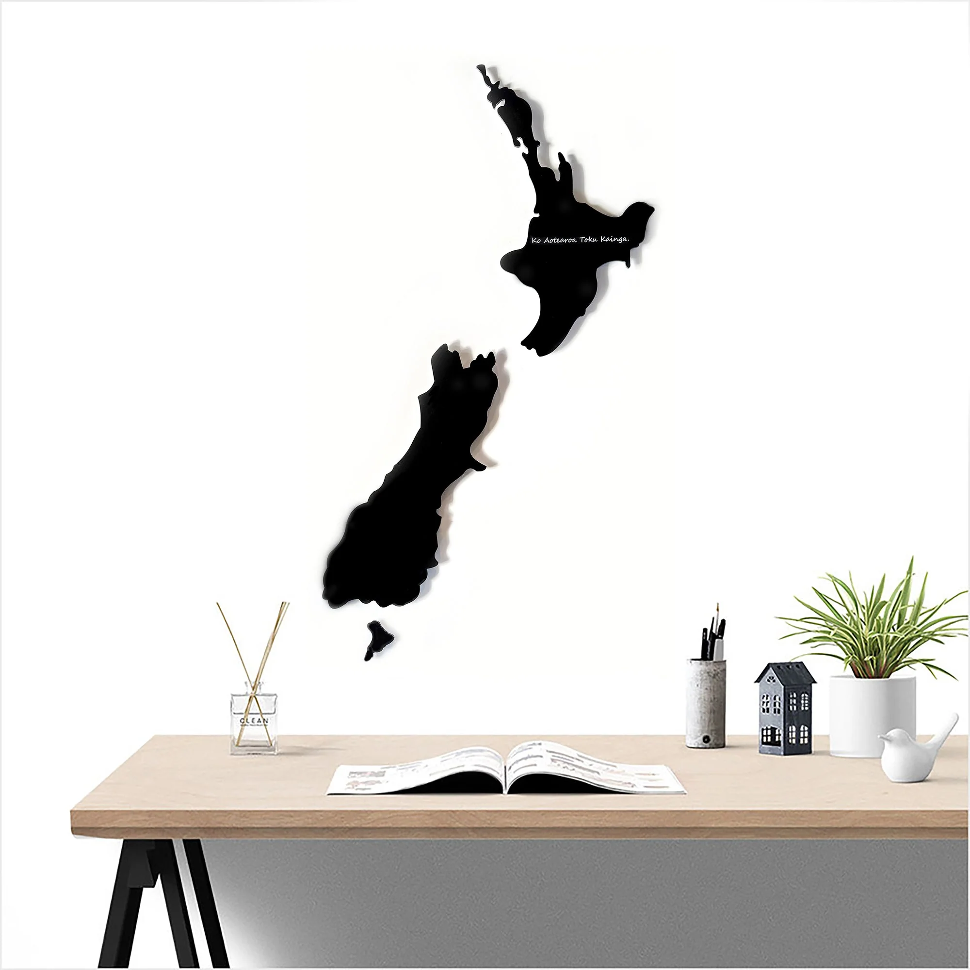 Large Black Map of NZ Wall Art with Ko Aotearoa Tōku Kāinga - New Zealand is my Home