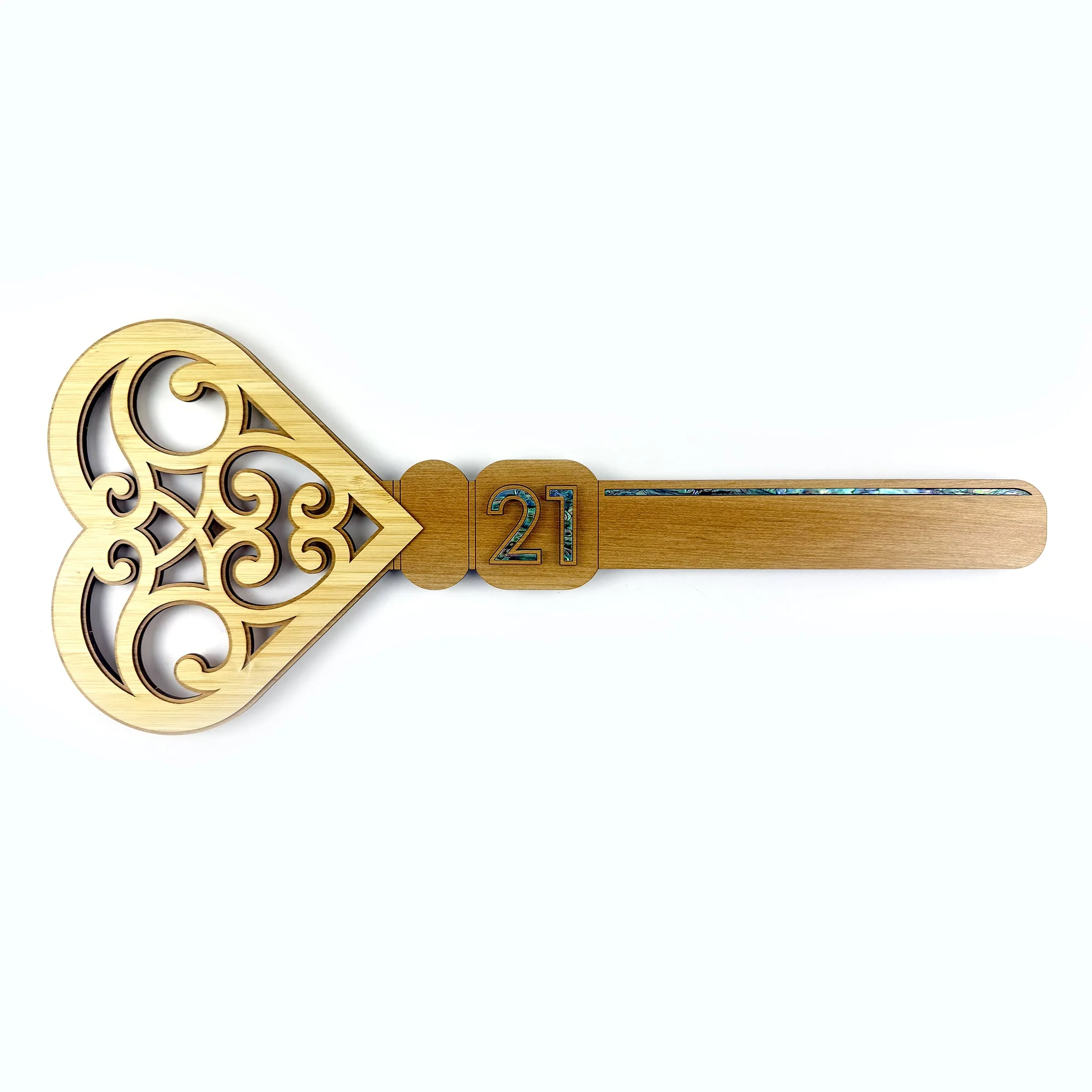 NZ Made Rimu and Paua 21st Birthday Key with Heart Shaped End