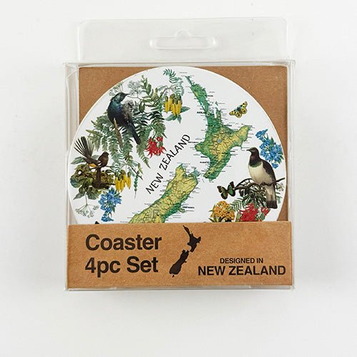 NZ Map Native Birds and Flowers Coasters