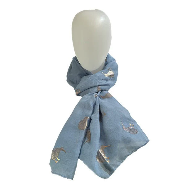 Chambray Blue NZ Souvenir Scarf with Sparkly Rose Gold Kiwi