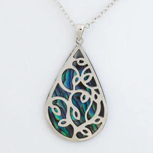 Pretty Large Paua Drop Necklace with Filigree Overlay