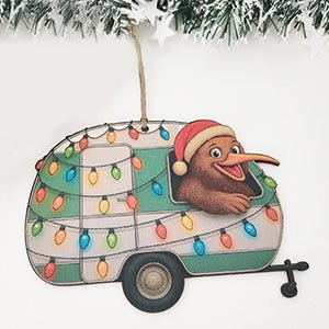 Santa Kiwi in a Caravan NZ Christmas Ornament