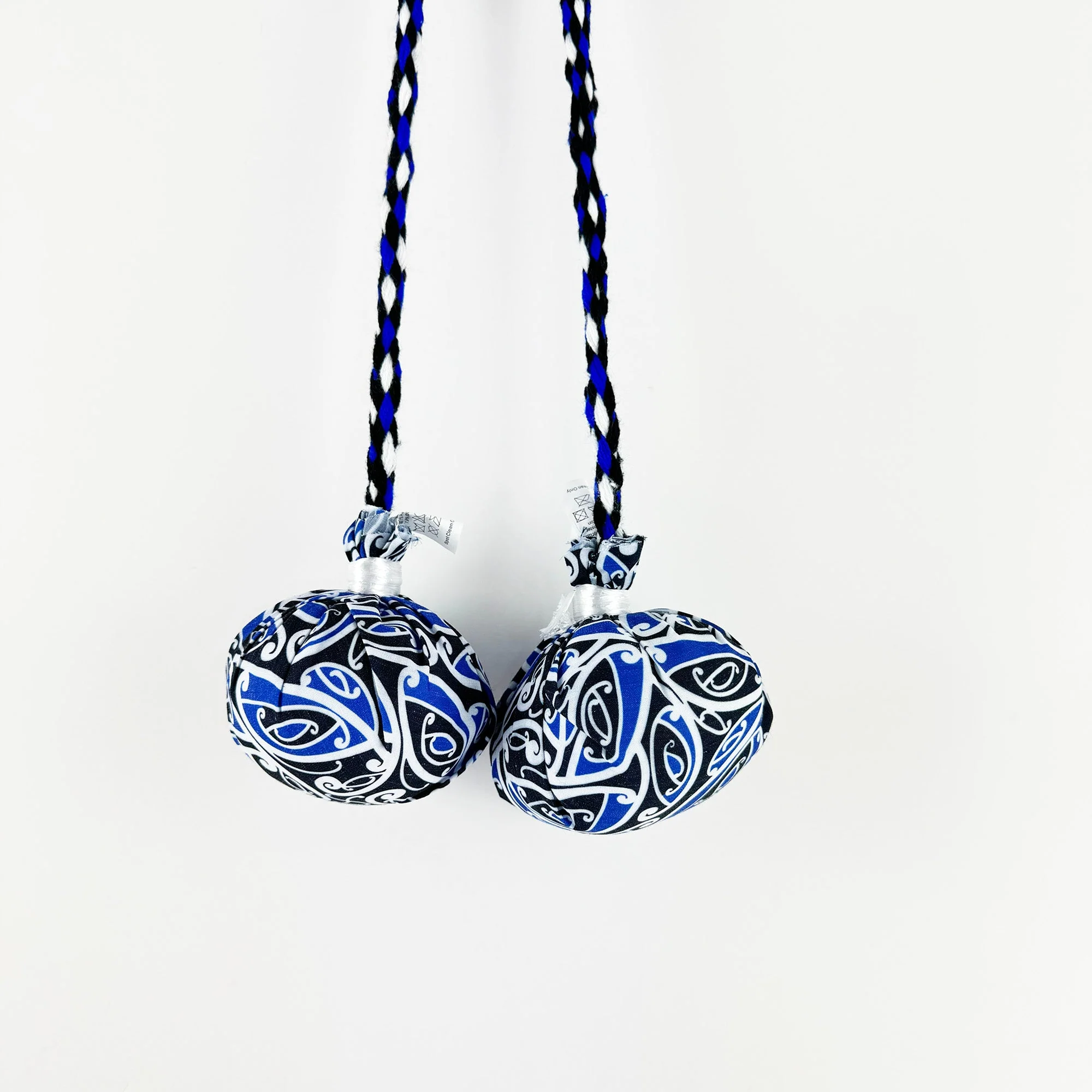 Set of Māori Poi with Blue White and Black Patterned Cover