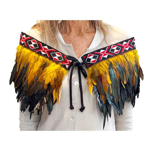 Short Maori Korowai with Gold and Black Feathers and Red Taniko
